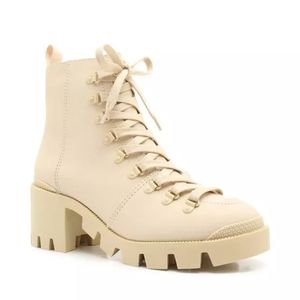 Schutz Xayane Lug-Sole Leather Lace Up Platform Combat Boots Almond Buff Leather